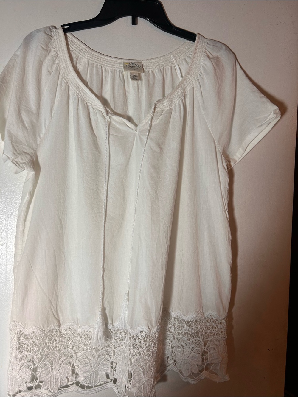 St. John’s Bay White  Cotton Lace-Hem Peasant Top -